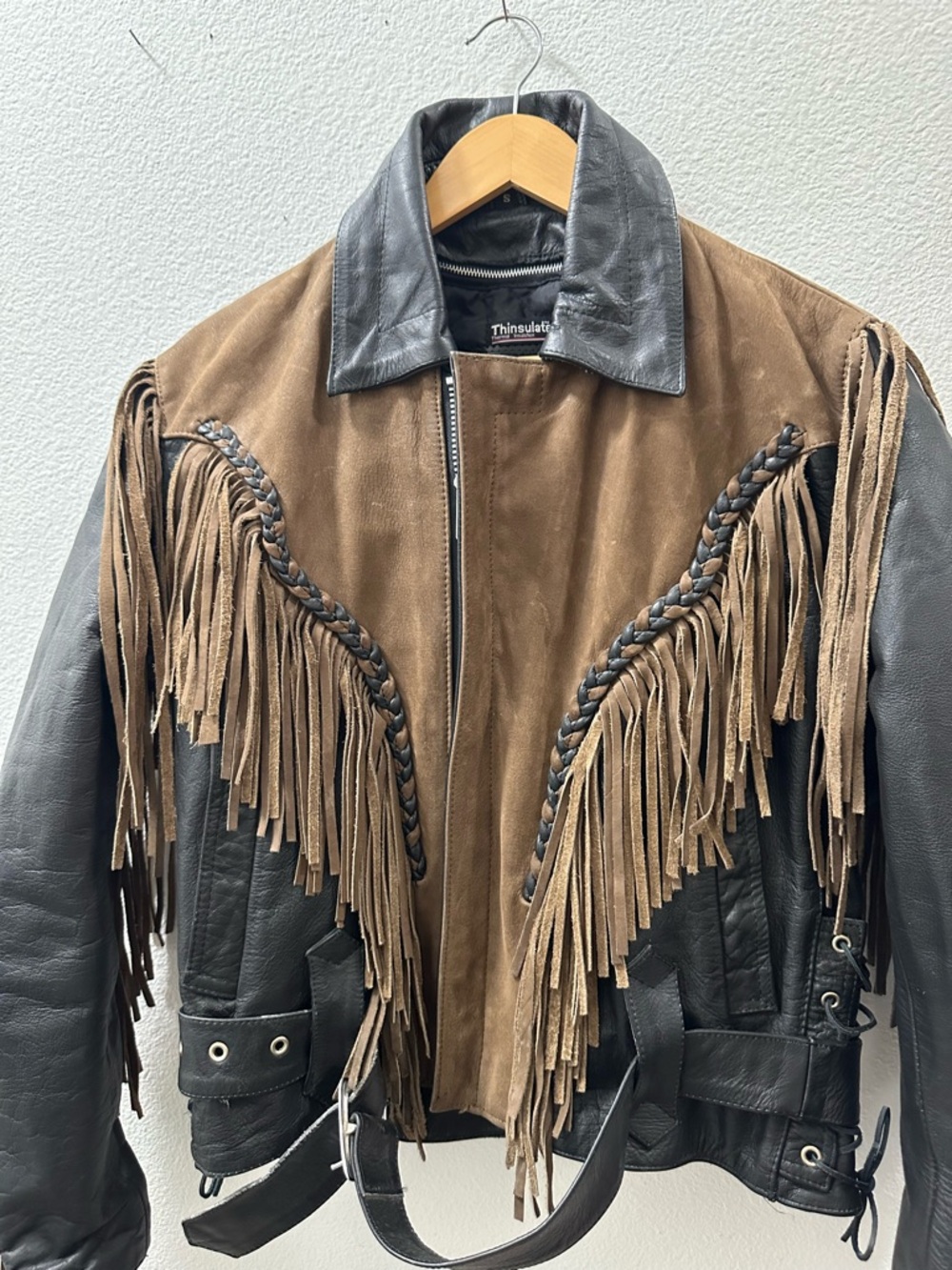 First Genuine Brown Black Small Leather Fringe Lined Motorcycle Biker Women